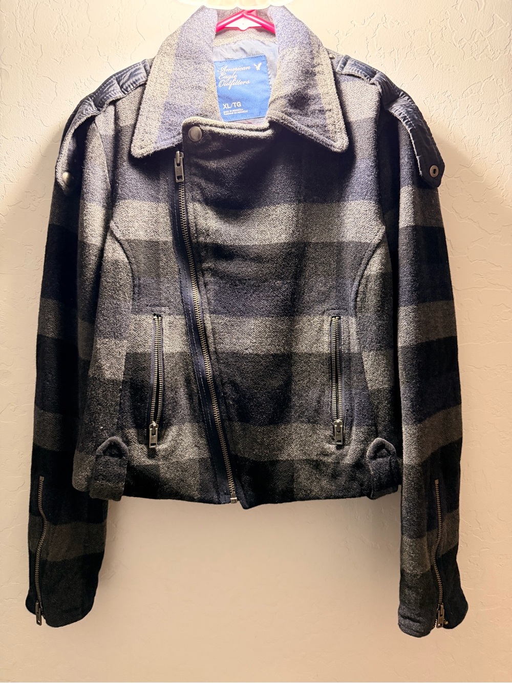 American Eagle Outfitters Black & Gray Plaid Wool-Blend Moto Jacket